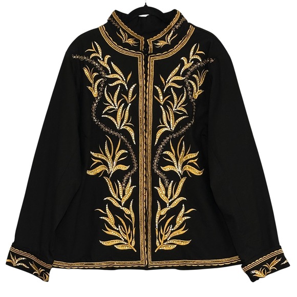 Giclee Jackets & Blazers - Giclee Womens Jacket Plus 2X Black Gold Embroidered Sequin Mandarin Royal Ornate